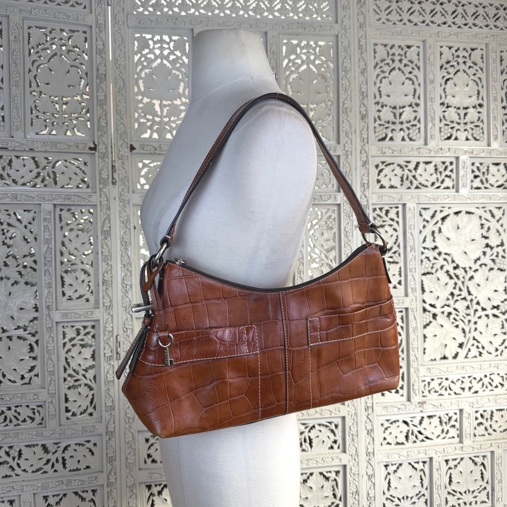 Vtg Fossil Brown Leather Croc Embossed Shoulder Bag Pockets Y2K Animal Print